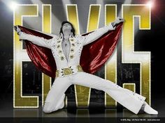 elvis presley performing on stage with his red cape around his shoulders and the word elvis written in gold