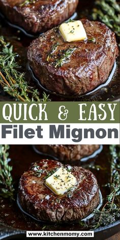 steaks with butter and herbs on top in a skillet