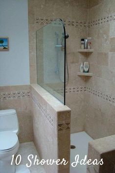 a white toilet sitting next to a walk in shower under a glass door with shelves on the wall