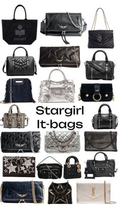 many different types of handbags with the words stargirl it - bags