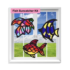 the fish suncather kit is shown in three different colors and sizes, with an open window behind it