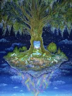 a painting of a tree with its reflection in the water, and an owl sitting on top of it