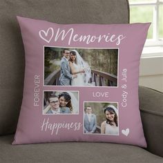 a pink pillow with three photos and the words,'memories love happiness'on it