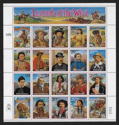 the postage stamp shows several different men in western clothing and hats, including one with a cowboy