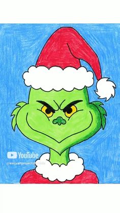 a drawing of the grin face wearing a santa's hat and green hair with yellow eyes