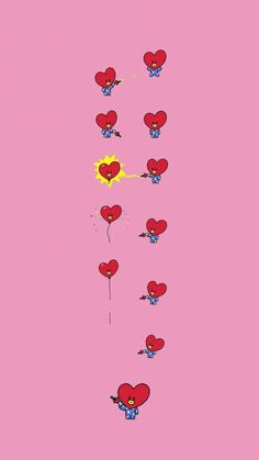 several hearts flying in the air with one heart on it's back and two red balloons