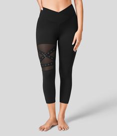 High Waisted Crossover Contrast Mesh Decorative Buckle Yoga Capri Leggings Leggings With Pockets, Mesh Leggings, Yoga Capris, Clothing Retail, Bleach Wash, Gym Leggings, Comfy Fits, Capri Leggings, Contrast Stitch