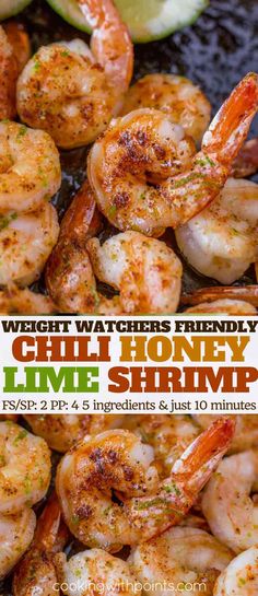 grilled shrimp with limes and watermelon on the side, text overlay reads weight watchers friendly chili honey lime shrimp