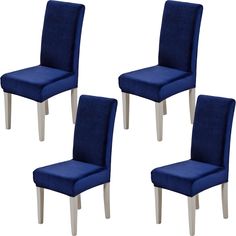 four blue velvet dining chairs with white legs