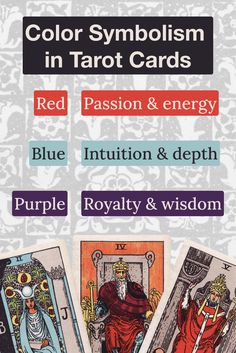 four tarot cards with different colors and symbols on them, including one red, one blue