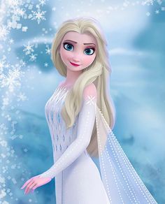 a frozen princess with long blonde hair and blue eyes wearing a white dress, standing in front of snowflakes