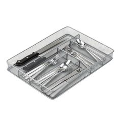 a tray with silverware and utensils in it