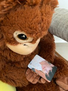 a teddy bear with a photo pinned to it's chest