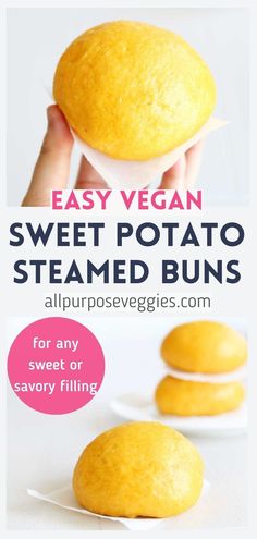 an image of sweet potato steamed buns with text overlay that reads easy vegan sweet potato steamed buns