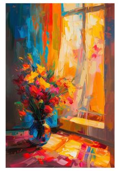 an oil painting of flowers in a vase on a table next to a window sill