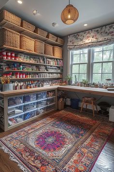 a room with lots of baskets and rugs on the floor next to a window