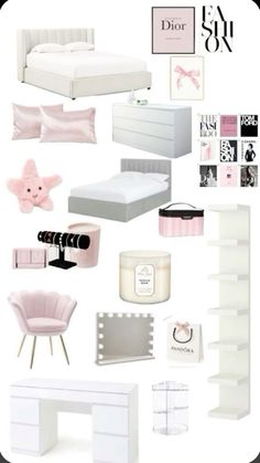 a collage of pink and white items including a bed, desk, chair, bookshelf