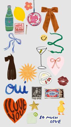 an assortment of stickers and magnets on a white background with the words oui oui to much love