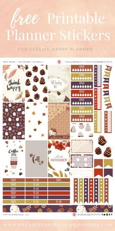 the free printable planner stickers for classic happy planner, featuring autumn leaves and pine cones