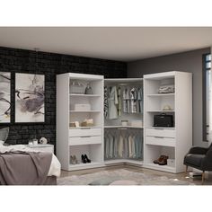 an open closet with clothes and shoes on shelves next to a bed in a room