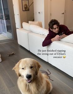 a dog sitting on the floor next to a man looking at his cell phone