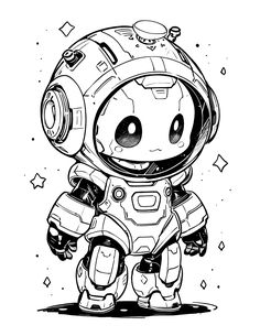 an ink drawing of a cartoon character wearing a space suit and helmet with stars in the background