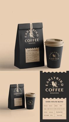 coffee packaging mockup with paper bag and cup on the side, front and back