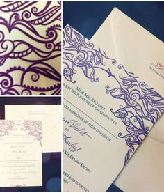 the wedding stationery is purple and white with intricate designs on it's envelope