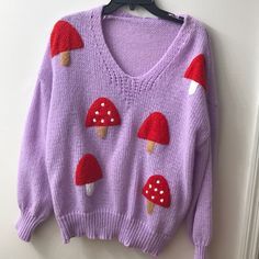 100% Polyester Lavender Sweater With Knit Mushroom Detail. Never Worn. Knit Mushroom, Mushroom Sweater, Shein Sweater, Lavender Sweater, Buy Sweaters, Purple Christmas, Purple Sweater, Christmas Knitting, Color Purple