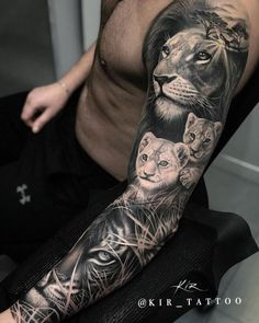 a man's arm with an animal tattoo on it and two lions in the background