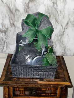 a basket filled with chocolates on top of a wooden table