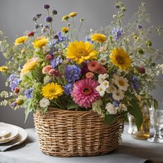 a basket filled with lots of colorful flowers on top of a table next to plates