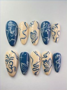 Nails tutorial French tip nails summer nails acrylic baby pink Deep Blue Nails, Ethereal Nails, Blue Press On Nails, Nails Butterfly, Sunny Disposition, Nails Valentines, Dresses Linen, Detailed Art, Butterfly Nails