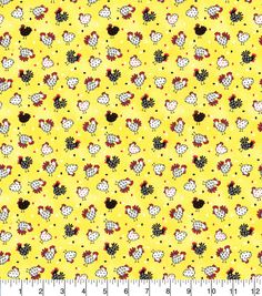 a yellow background with chickens and roosters on it, in the center is a ruler