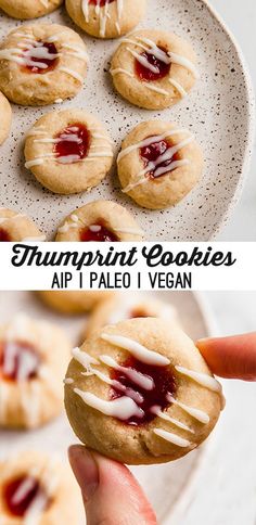 a person holding up a peanut butter and jelly cookies