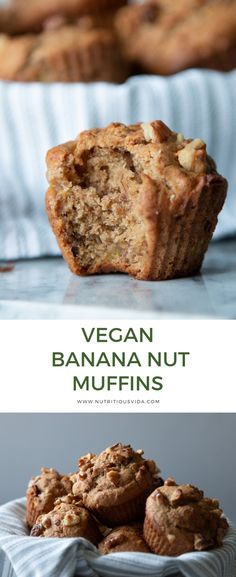 vegan banana nut muffins on a white plate with the title above it