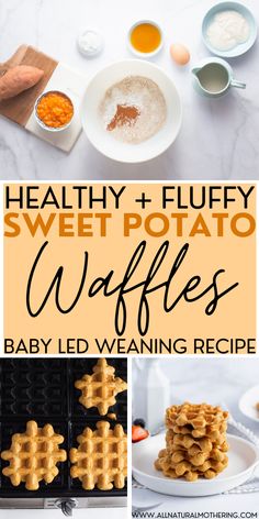 healthy and fluffy sweet potato waffles for baby led weaning recipe with text overlay