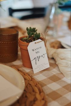 a table topped with a potted plant next to a sign that says watch me now