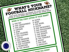 a green and white poster with the words what's your football name?