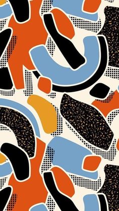 an abstract painting with black, orange, and blue shapes on white background by person