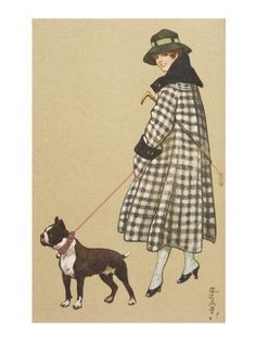 a drawing of a woman in a dress and hat walking a dog on a leash