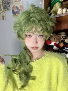 Green Wavy Ouji Style Wig Mushroom Wigs, Fern Wig, Nightcrawler Cosplay, Green Wavy Hair, Purple Wavy Hair, Genderfluid Haircut, Light Green Hair, Ouji Style, Hairstyle References