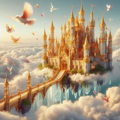 an image of a castle in the sky with birds flying around it and clouds surrounding it