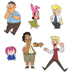 cartoon characters with different facial expressions and hair styles, including one man pointing at the other