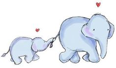 two baby elephants are being walked by an adult elephant on a white background with blue accents