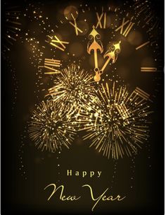 a happy new year card with fireworks and clock