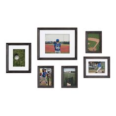 a group of framed pictures hanging on the wall with baseball players and bats in them