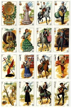 a set of playing cards with different people on horses and men dressed in historical clothing