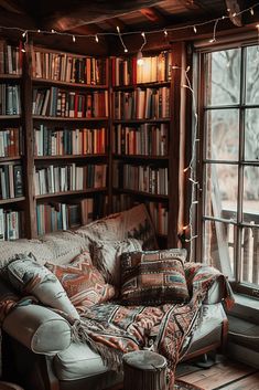 a couch sitting in front of a window filled with lots of books and pillows next to a book shelf