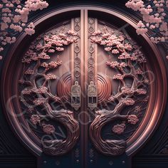 an ornate door with pink flowers and trees on it